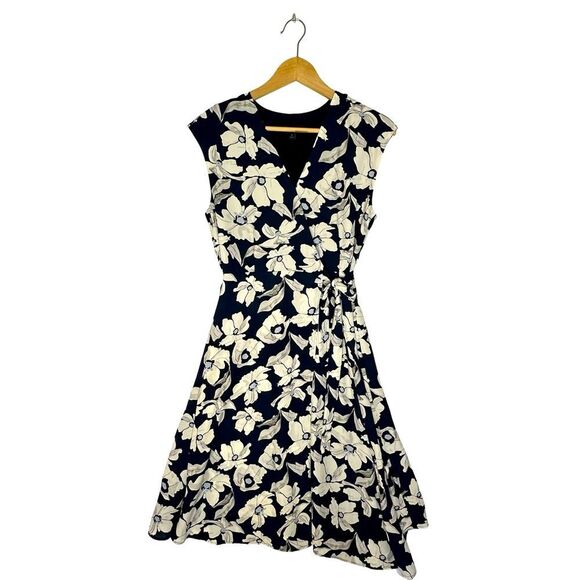 Banana Republic Navy Floral Midi Wrap Dress Dress Size 4 - Picture 1 of 17
